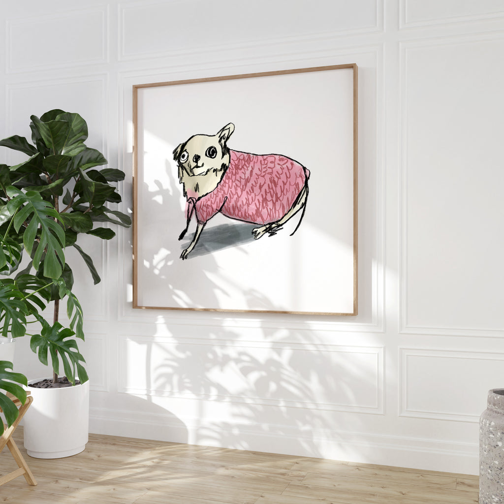 Chihuahua in pink jumper drawing on white background in an oak frame hanging on a wall