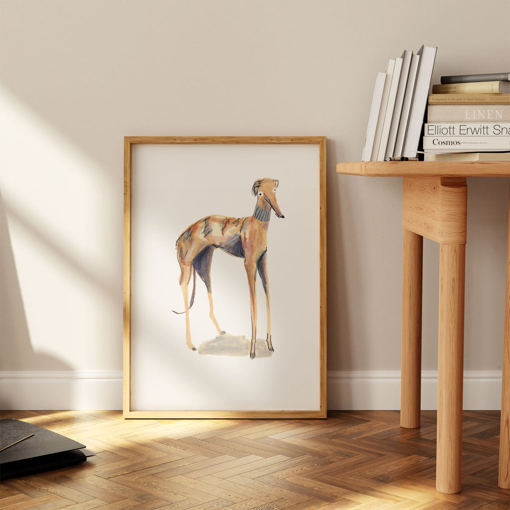 Framed brindle, derpy dog print for home decor