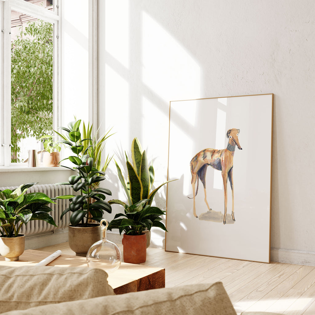 Framed Brindle greyhound wall art for decor in sun room