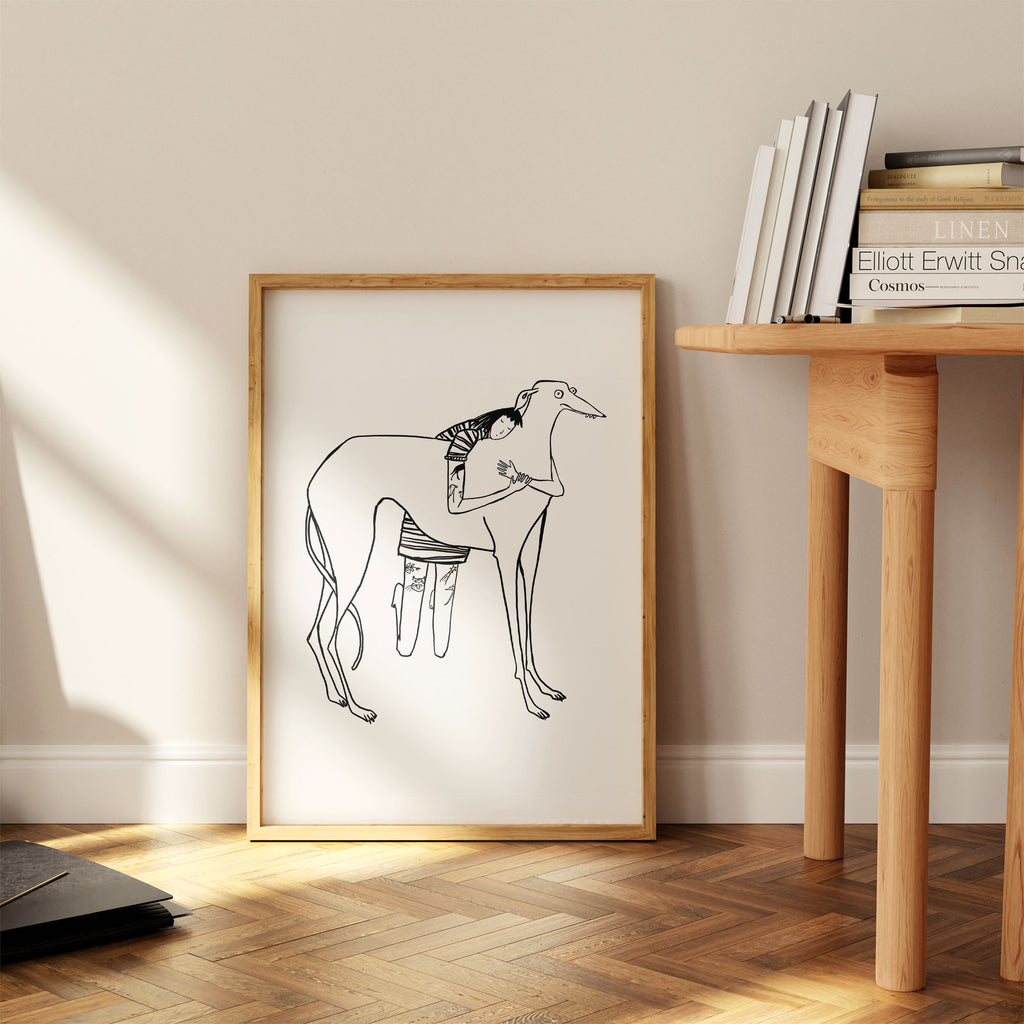 Black line drawing of tattooed girl in stripy dress hugging large greyhound/lurcher/sighthound on white background print in oak frame