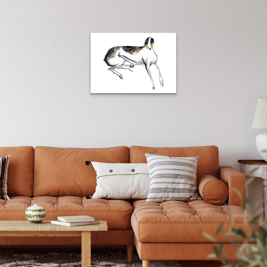 Hand drawn black and white greyhound/sighthound laying down with green collar, no frame on wall above orange sofa
