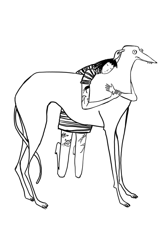 Black line drawing of tattooed girl with black hair, in a stripy dress hugging large derpy greyhound/lurcher/sighthound on white background