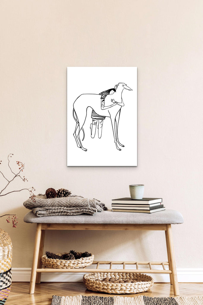 Black line drawing of tattooed girl in stripy dress hugging large derpy greyhound/lurcher/sighthound on white background print with no frame hanging on a wall